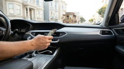 Person plugging a smartphone into a dashboard USB-C port inside a San Francisco car rental