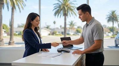 Credit card on the dashboard of a car rental with a sunny California beach in the background