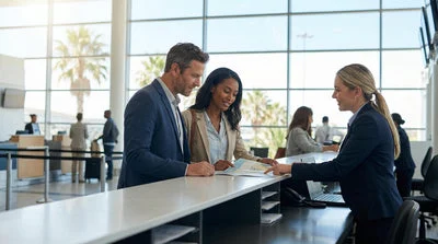 Travelers with luggage at a shared car rental counter inside an Orlando airport terminal