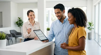 A couple talks to an agent at a modern car hire counter in sunny California about an insurance quote.
